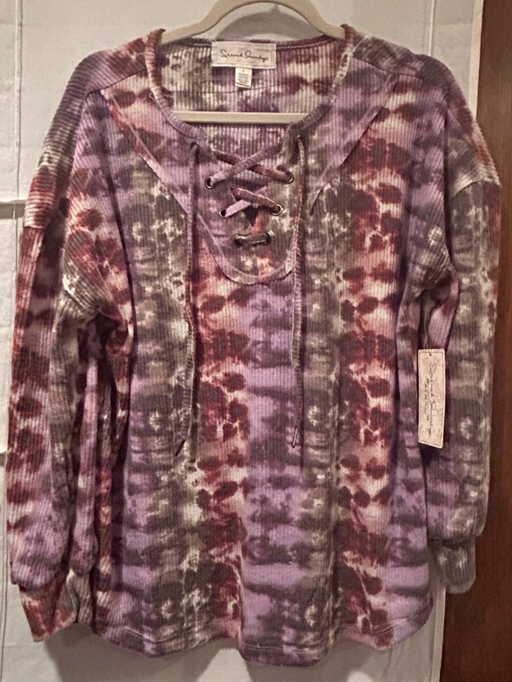 NWT French Laundry Tye Dye long Sleeve Top with Lace Closure at Neckline Size L